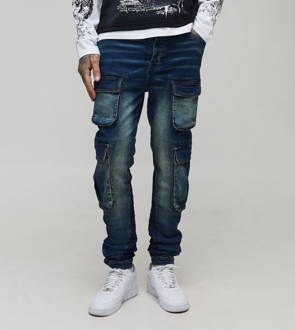 Tall Gusset Multi Cargo Pocket Stacked Skinny Fit Jeans