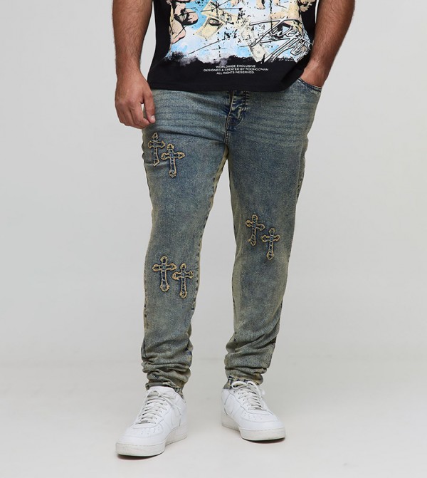 Plus & Tall Stacked Cross Applique Gusset Skinny Fit Jeans