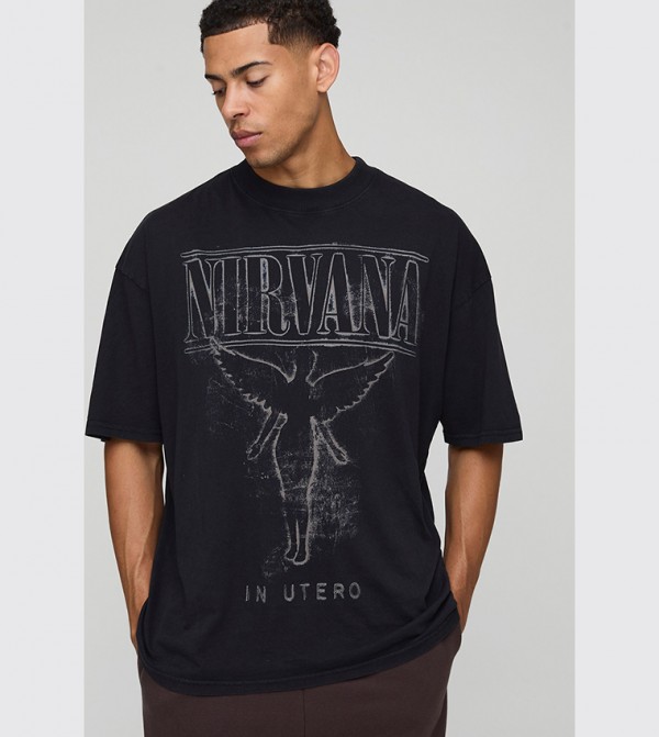 Crew Neck Nirvana Acid Wash License Print Oversized T-Shirt