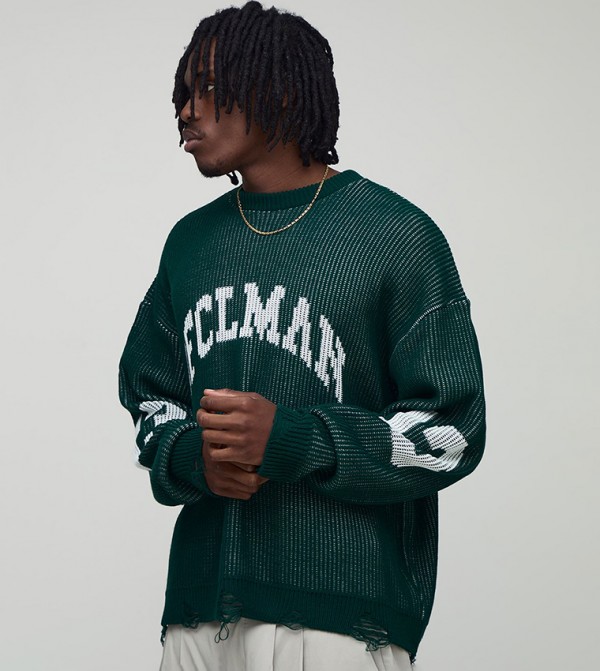 Tall Ribbed Distressed Varsity Crew Neck Oversized Sweater
