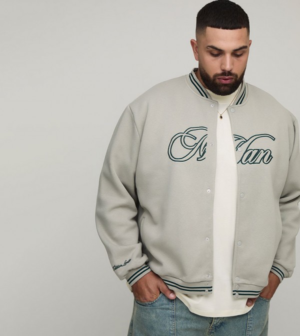 Plus & Tall Oversized Jersey Embroidered Varsity Jacket
