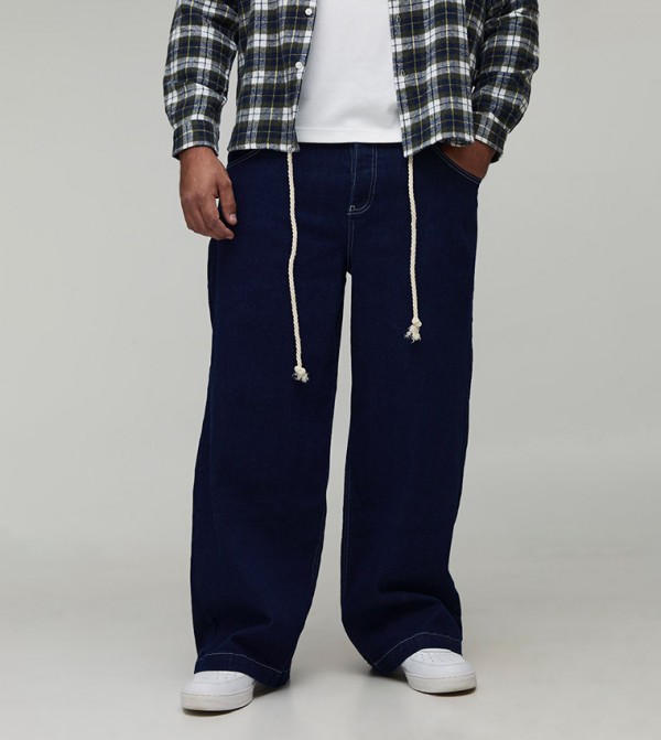Washed Rope Belted Wide Leg Jeans