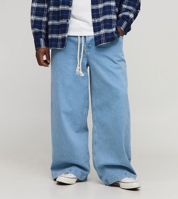 Washed Rope Belted Wide Leg Jeans