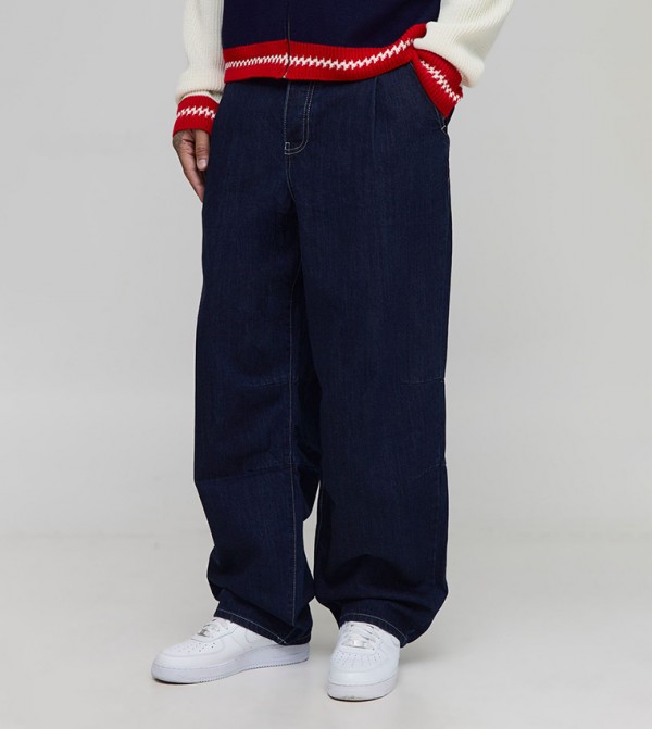 Tall Pleated Front Contrast Stitch Balloon Fit Jeans