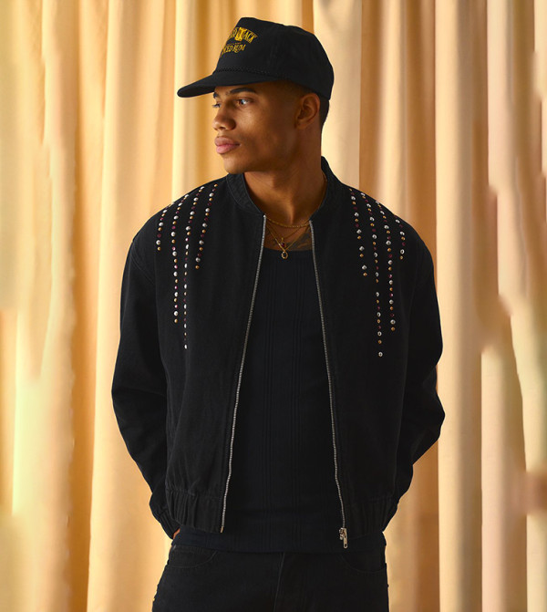 Embellished Boxy Denim Bomber Jacket