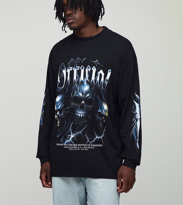 Tall Official Skulls Large Scale Print Long Sleeves Oversized T-Shirt