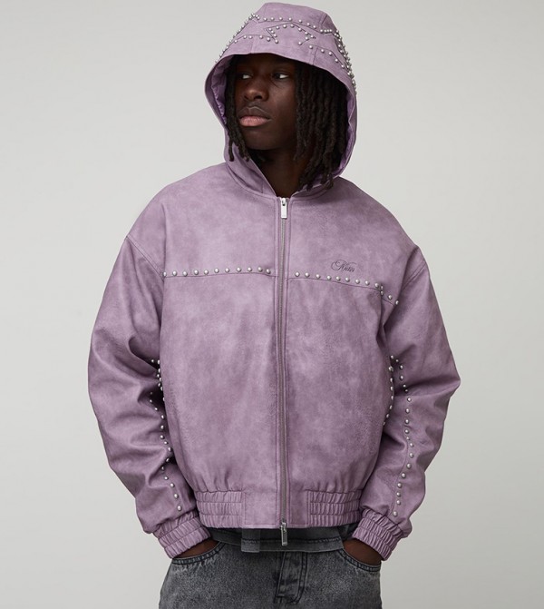 Pu Studded Hooded Varsity Oversized Bomber Jacket