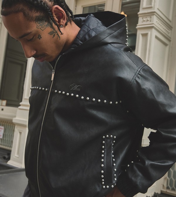 Textured PU Studded Hooded Varsity Oversized Bomber Jacket