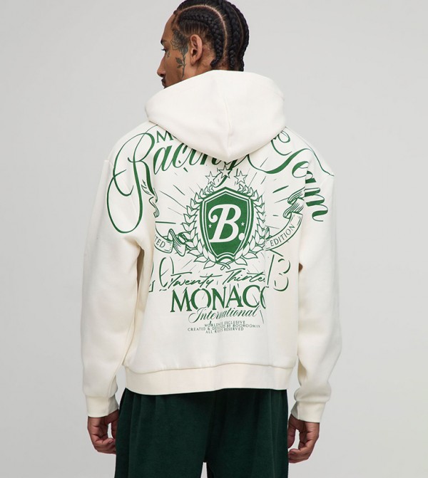 Ecru Oversized Over Seam Racing Team Printed Hoodie