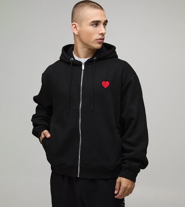 Zip Through Heart Embroidered Oversized Hooded Jacket