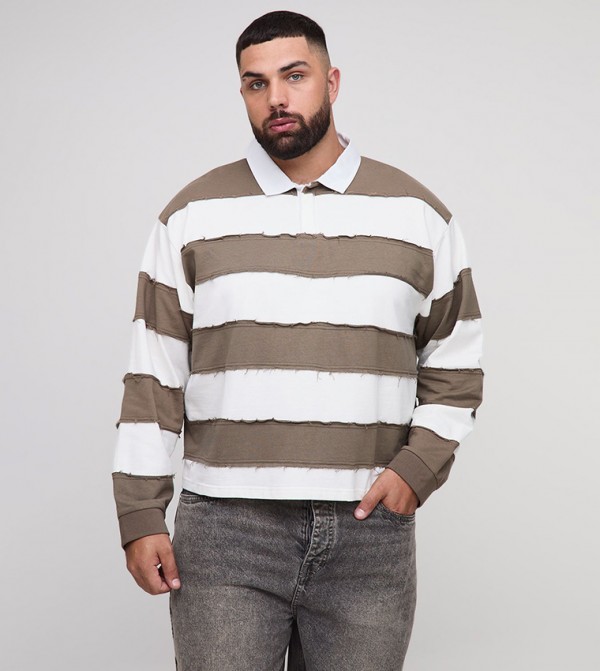 Plus & Tall Oversized Distressed Long Sleeves Polo T-Shirt
