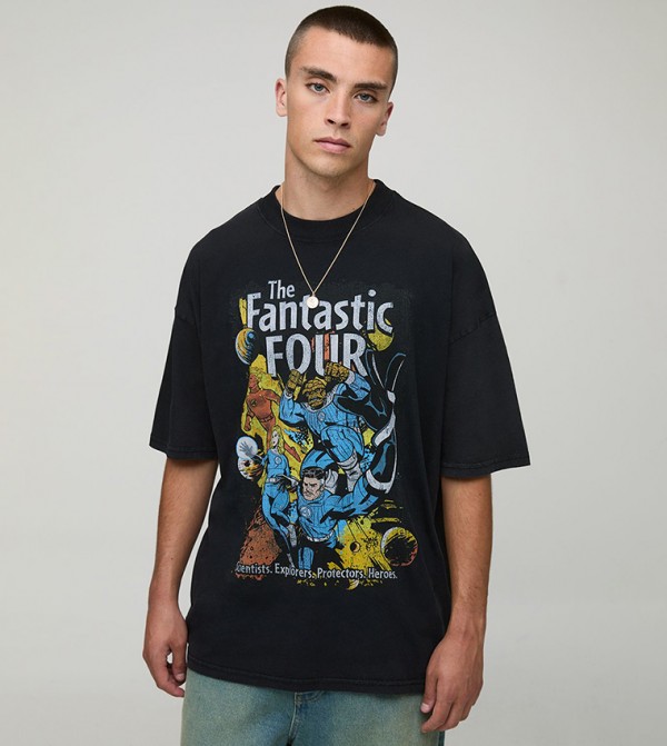 The Fantastic Four Acid Wash Licensed Printed Oversized T-Shirt