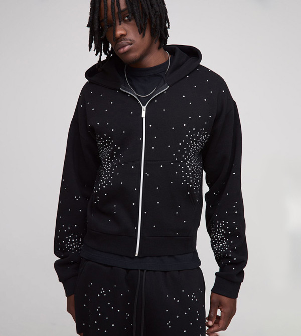 Tall Shrunken Rhinestone Zip Through Hooded Jacket