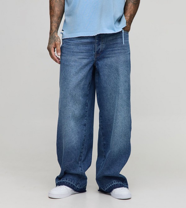 Plus & Tall Washed Let Down Hem Zip Gusset Baggy Fit Jeans