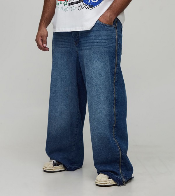 Let Down Hem Zip Gusset Baggy Fit Jeans