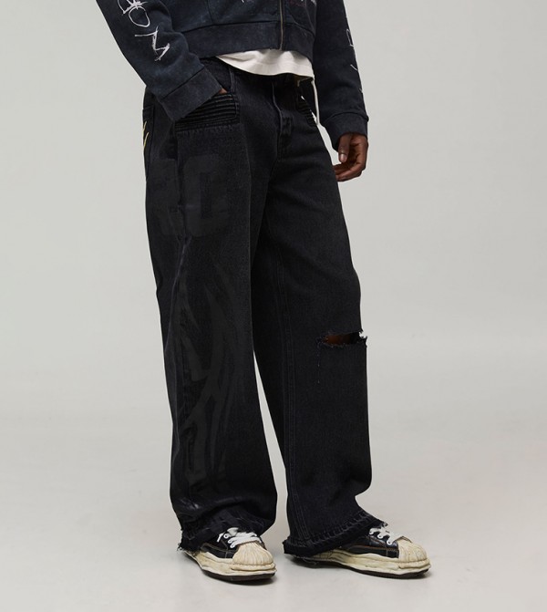 Ripped Moto Applique Wide Leg Jeans