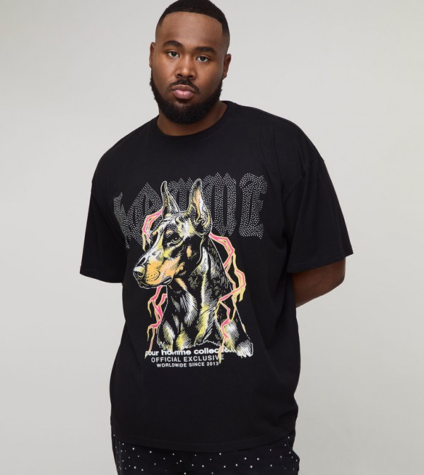 Plus & Tall Oversized Rhinestone Homme Canine Graphic T-Shirt