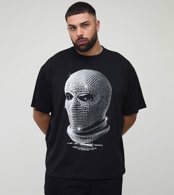 Rhinestone Mask Print Oversized T-Shirt