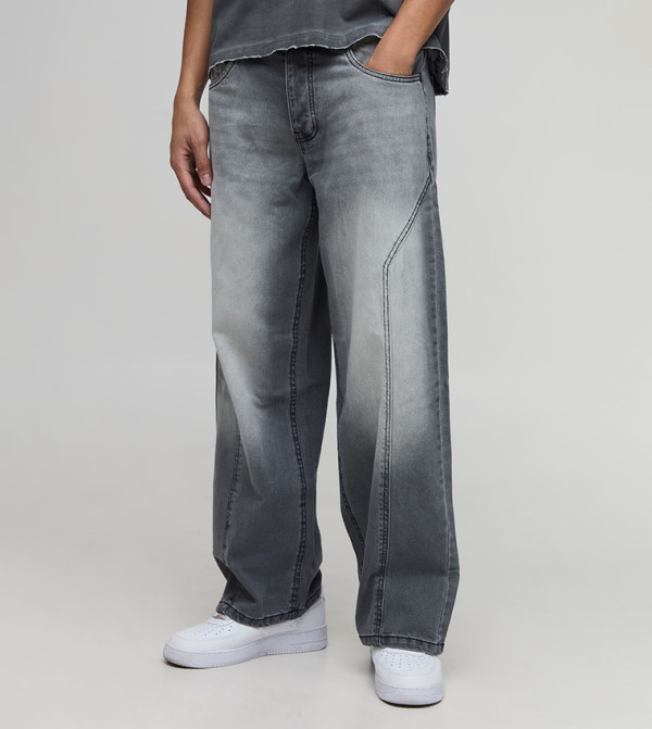 Washed Moto Panel Baggy Fit Jeans
