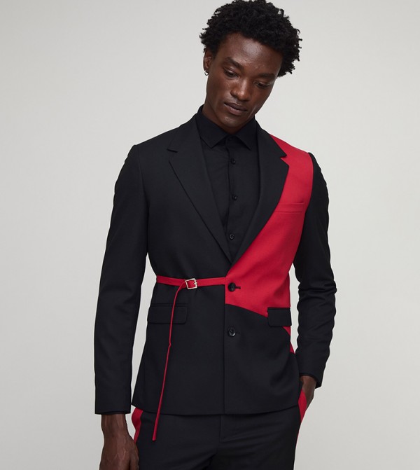Slim Fit Colour Block Belted Blazer