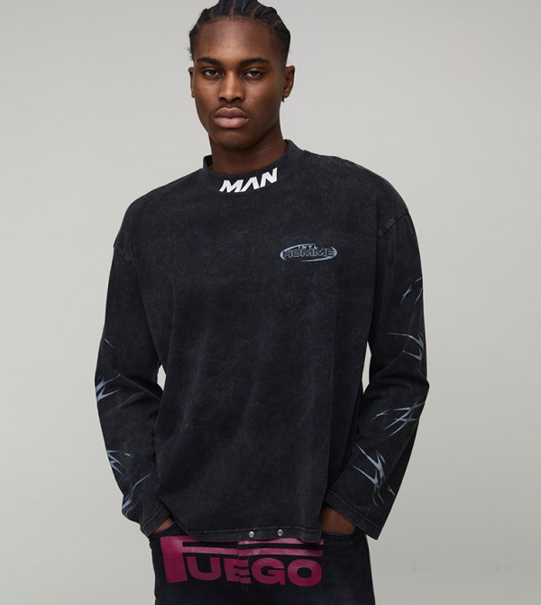 Sport Moto Print Long Sleeves Oversized T-Shirt