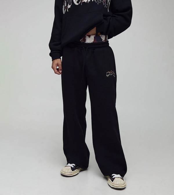 Ofcl Cow Applique Faux Waistband Wide Leg Sweatpants
