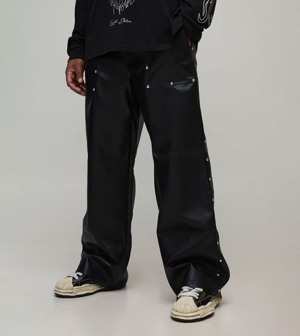 Studded Leather Look Drawcord Relaxed Carpenter Trousers