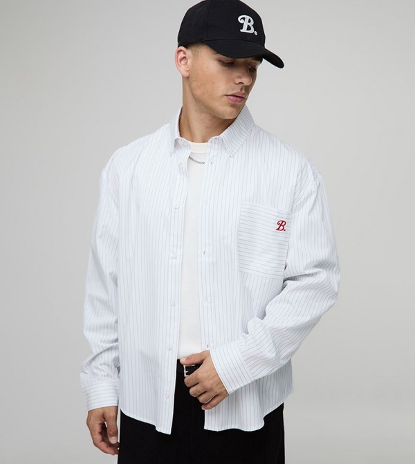 Striped Long Sleeves Curved Hem Oversized Shirt