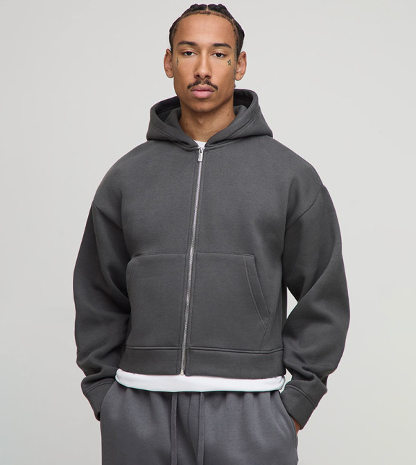 Shrunken Heavyweight Zip Through Oversized Hooded Jacket