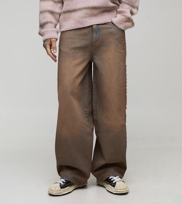 Tall Washed Raw Applique Baggy Fit Jeans