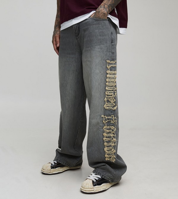 Tall Washed Raw Applique Baggy Fit Jeans