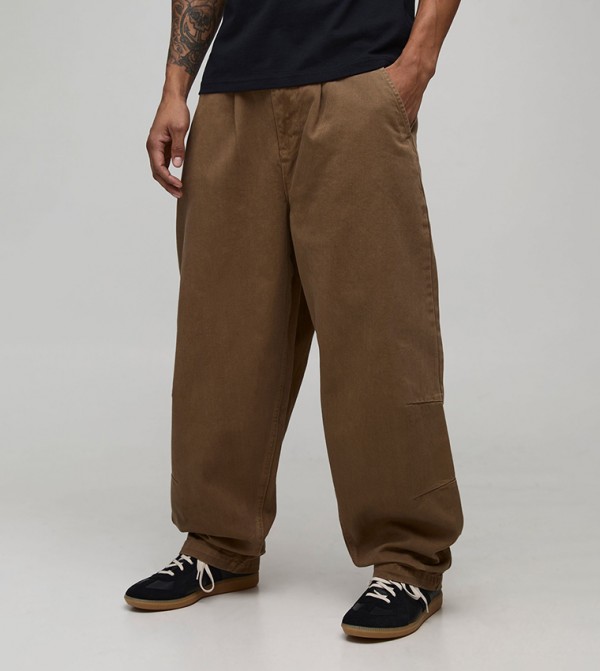 Balloon Fit Half & Half Waistband Washed Twill Trousers