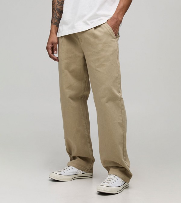 Relaxed Fit Half & Half Waistband Washed Twill Trousers