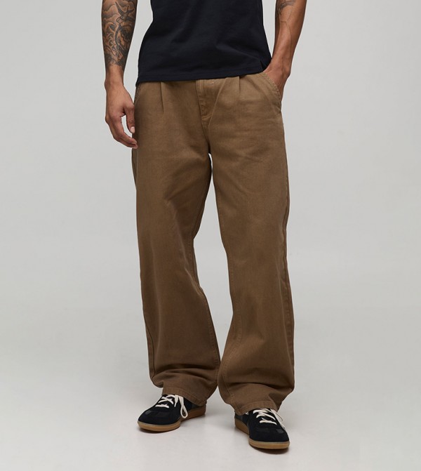 Relaxed Fit Half & Half Waistband Washed Twill Trousers