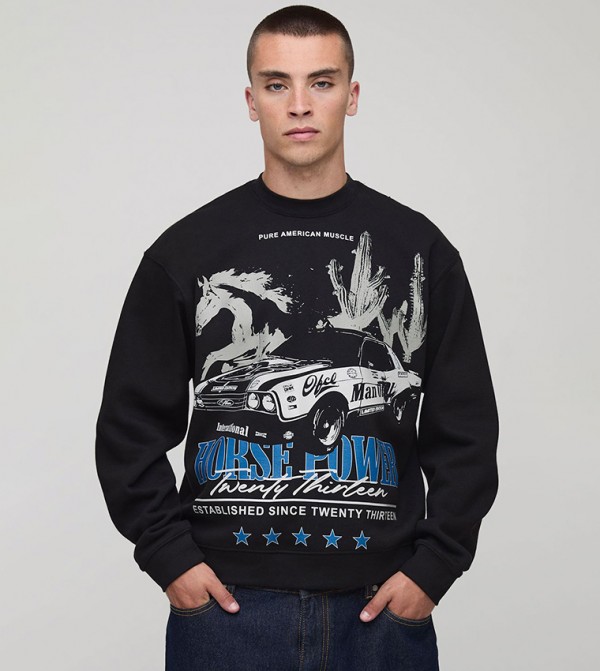 Extended Neck Horse Printed Oversized Sweatshirt