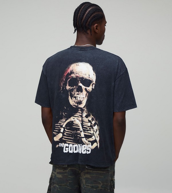The Goonies Acid Wash License Printed Oversized T-Shirt