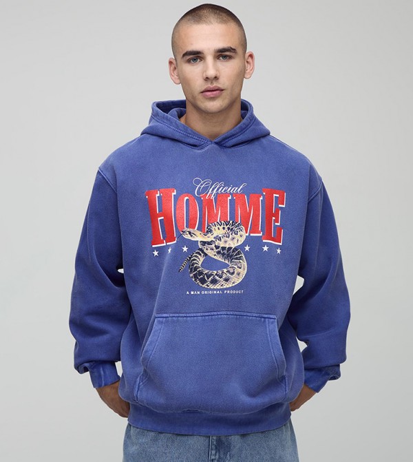 Washed Homme Snake Printed Oversized Hoodie