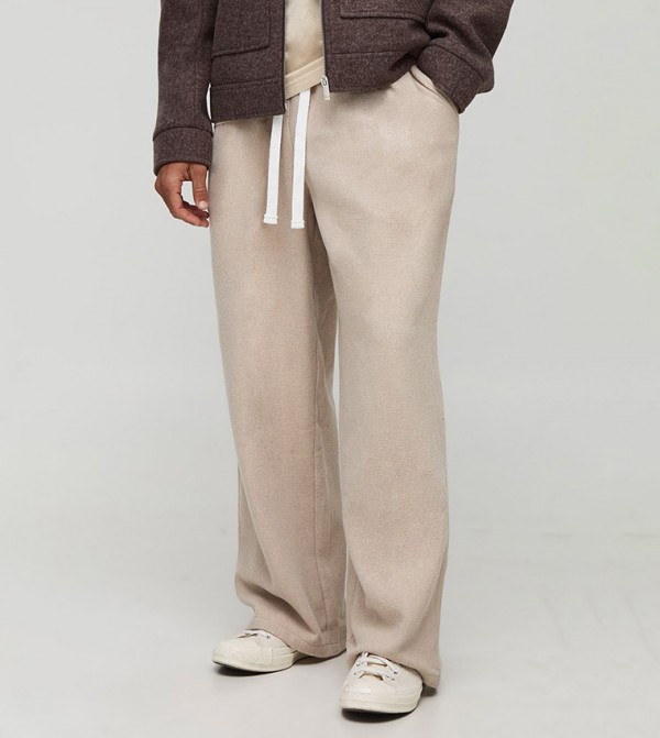 Drawstring Waist Wide Leg Wool Look Pleated Trousers
