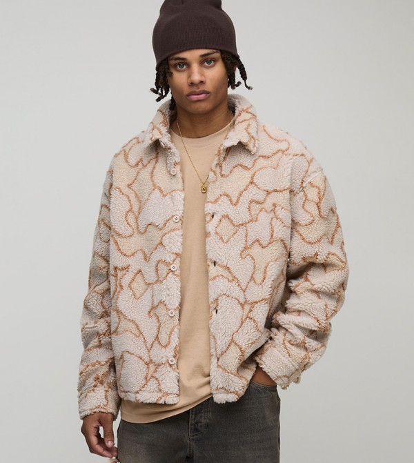 Line Printed Borg Long Sleeves Oversized Shirt