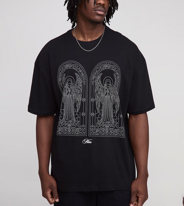 Tall Oversized Gothic Rhinestone Embellished T-Shirt