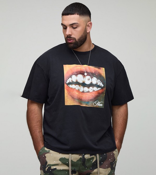 Plus & Tall Oversized Wash Rhinestone Teeth Print T-Shirt