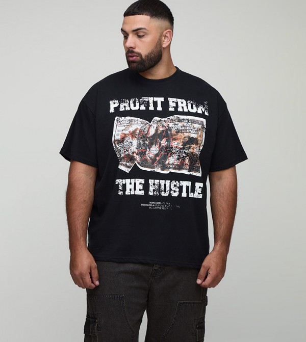 Plus & Tall Oversized Hustle Slogan Printed T-Shirt