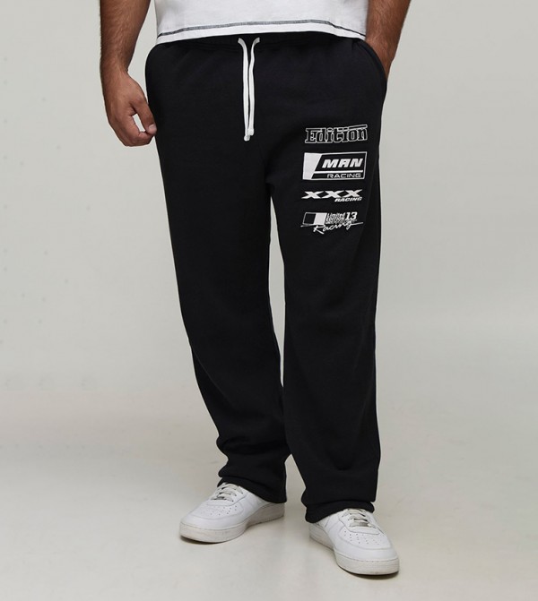 Dropped Crotch Flame Applique Moto Sweatpants