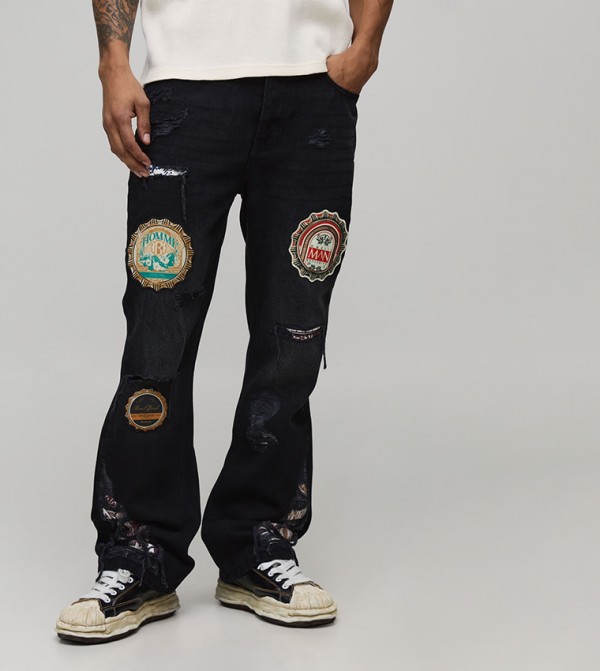 Appliqued Badge Gusset Slim Flared Jeans