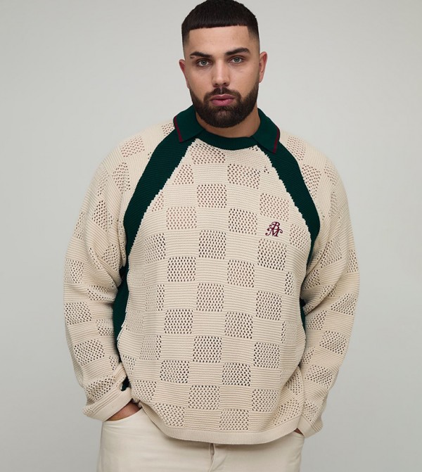 Plus & Tall Oversized Retro Football Knitted Polo T-Shirt