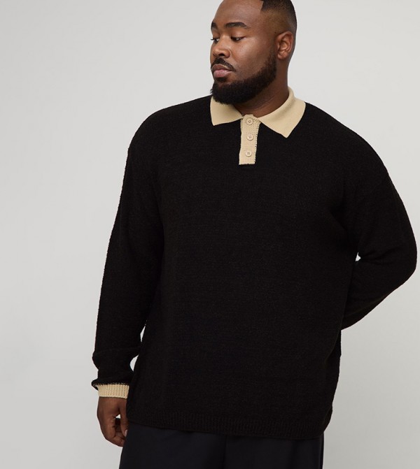 Plus & Tall Oversized Contrast Placket Knitted Polo T-Shirt