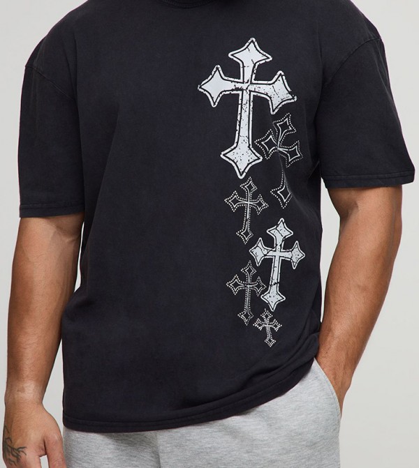 Extended Neck Washed Rhinestone Cross Oversized T-Shirt