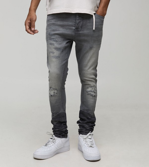 Washed Stretch Ripped & Repair Crinkle Super Skinny Fit Jeans