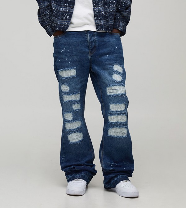 Straight Stacked Stitch Ripped Detail Flared Jeans