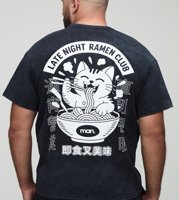 Plus & Tall Oversized Ramen Club Acid Wash Printed T-Shirt